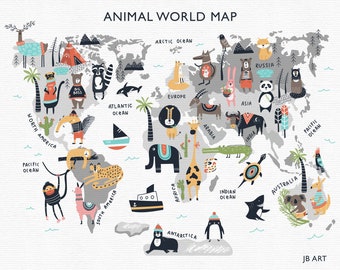 Illustrated Map Print Baby animals Kids World Map Art Africa Digital maps Wall map Instant Download PNG Commercial use Printable Location