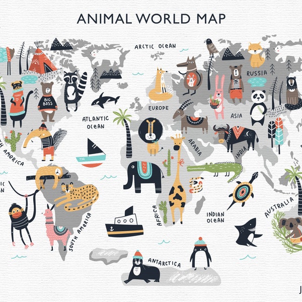 Illustrated Map Print Baby animals Kids World Map Art Africa Digital maps Wall map Instant Download PNG Commercial use Printable Location
