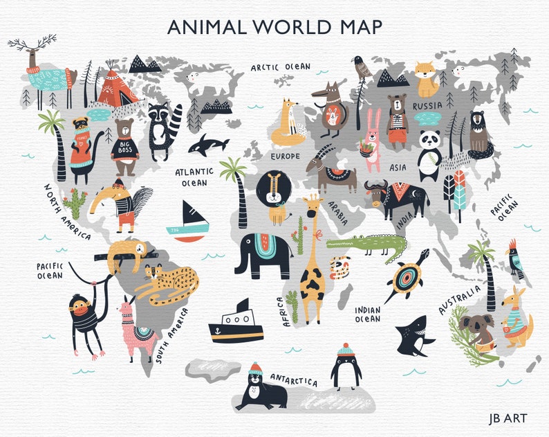 Illustrated Map Print Baby animals Kids World Map Art Africa Digital maps Wall map Instant Download PNG Commercial use Printable Location image 1