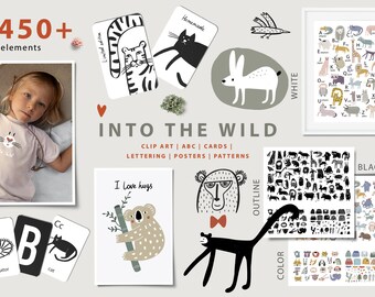 Scandinavian kids clipart Animal alphabet creator Children's clipart Black and White illustration ABC Coloring Books Outline Commercial Use