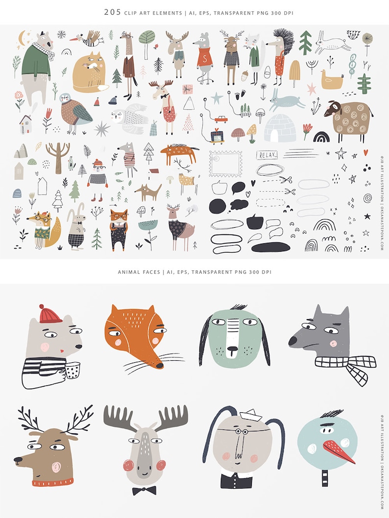 Scandinavian Kids clipart Nordic design Forest animals PNG VECTOR digital graphic Baby prints, wall art, digital paper Commercial Use image 4