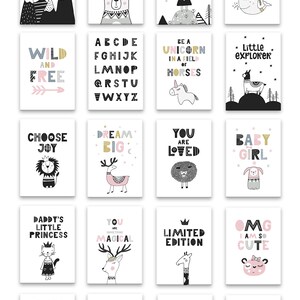 Scandinavian Clipart for Kids Baby girl Bundle Nordic black and white animals Nursery wall art Seamless pattern Vector Commercial use PNG image 7