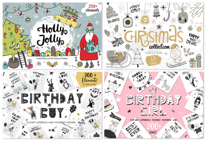 Whimsical Kids Clipart Bundle, Watercolor Cute Animals, Scandinavian Black and White, Superhero Birthday Christmas Fall Woodland Design Set image 10