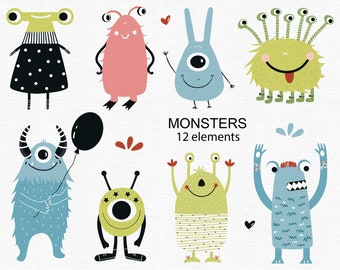 Goofy Monsters Clipart Pack Instant Download Scrapbooking Halloween Party and Crafting Decor Baby monster Commercial Use Vector Illustration