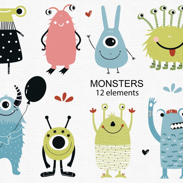 Goofy Monsters Clipart Pack Instant Download Scrapbooking Halloween Party and Crafting Decor Baby monster Commercial Use Vector Illustration