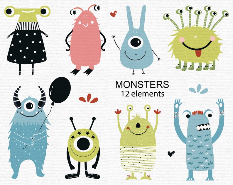 Goofy Monsters Clipart Pack Instant Download Scrapbooking Halloween Party and Crafting Decor Baby monster Commercial Use Vector Illustration image 1