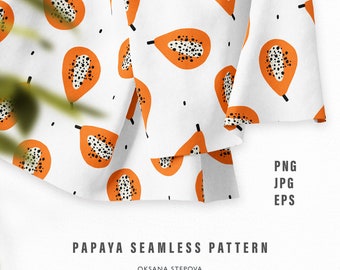 Papaya seamless pattern Orange tropical fruit Baby fabric Kitchen textile design Digital paper Fabrics for kids clothes Commercial use PNG