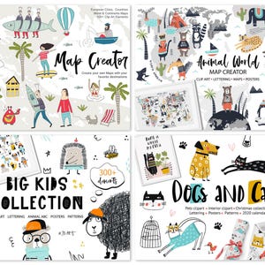 Whimsical Kids Clipart Bundle, Watercolor Cute Animals, Scandinavian Black and White, Superhero Birthday Christmas Fall Woodland Design Set image 7