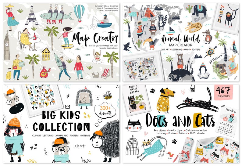Whimsical Kids Clipart Bundle, Watercolor Cute Animals, Scandinavian Black and White, Superhero Birthday Christmas Fall Woodland Design Set image 7