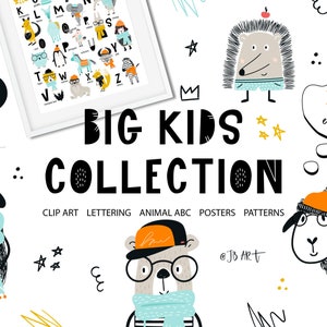 May include: A collection of over 300 black and white clip art illustrations for kids. The illustrations include animals, letters, patterns, and posters. The text "BIG KIDS COLLECTION" is in bold black letters.