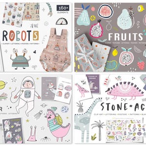 Whimsical Kids Clipart Bundle, Watercolor Cute Animals, Scandinavian Black and White, Superhero Birthday Christmas Fall Woodland Design Set image 5
