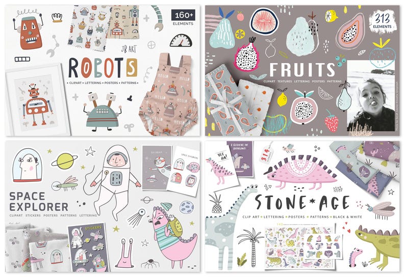 Whimsical Kids Clipart Bundle, Watercolor Cute Animals, Scandinavian Black and White, Superhero Birthday Christmas Fall Woodland Design Set image 5