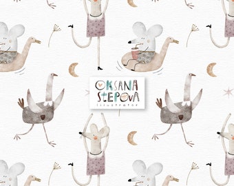 Digital Seamless Pattern Watercolor paintings Baby girl fabric design Cute dancing animals Mouse Ostrich Birthday background Commercial use