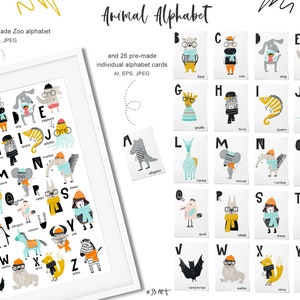 Kids clipart with animals, lettering, zoo ABC Vector illustration in scandinavian style zdjęcie 6