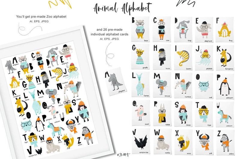 Kids clipart with animals, lettering, zoo ABC Vector illustration in scandinavian style zdjęcie 6