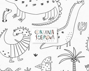 Dinosaur seamless pattern Kids simple fabric design Black and white minimalistic Dino Digital scrapbook paper Cute Dragon Commercial use PNG