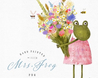 Frog PNG Flower Bouquet Hello spring Printables Toad Hand painted Summer Birth flower girl gift Digital Download Gratitude Thank you card