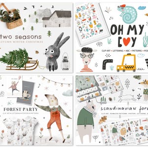 Whimsical Kids Clipart Bundle, Watercolor Cute Animals, Scandinavian Black and White, Superhero Birthday Christmas Fall Woodland Design Set image 4