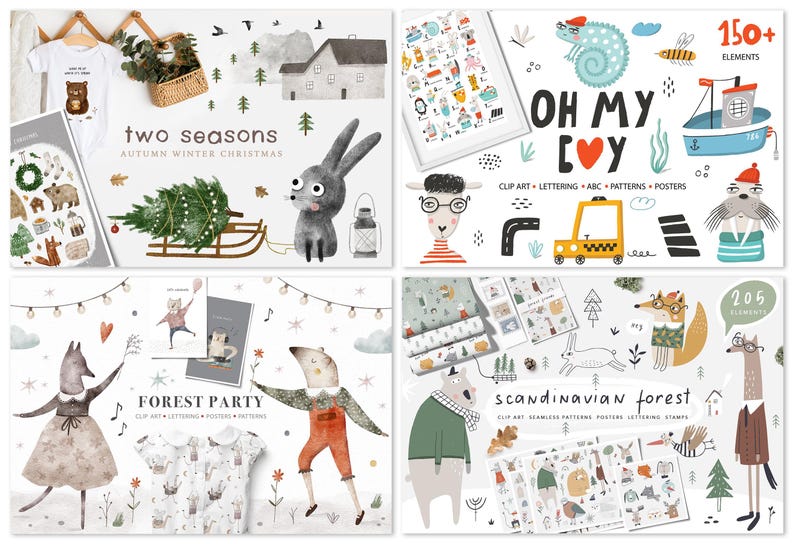 Whimsical Kids Clipart Bundle, Watercolor Cute Animals, Scandinavian Black and White, Superhero Birthday Christmas Fall Woodland Design Set image 4