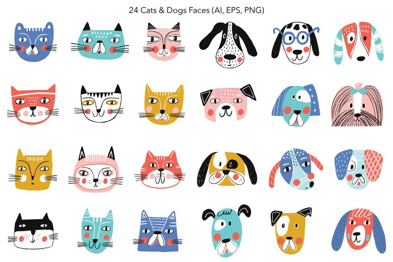 Dog Cat Clipart for kids Bundle Cute pets PNG Baby animal faces Nursery wall art Digital paper Christmas Interior elements Commercial use image 2