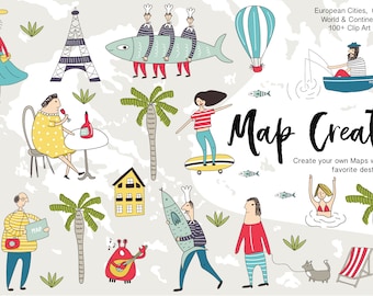 May include: A colorful illustration of a map creator with various icons and characters. The text "Map Creator" is in bold black letters. The text "Create your own Maps with your favorite destinations" is below the title. The image includes a variety of icons, including a hot air balloon, a palm tree, a fish, a surfboard, a Eiffel Tower, a building, a person with a suitcase, a person with a fishing rod, a person with a glass of wine, a person on a surfboard, a person with a guitar, a person with a dog, and a person with a beach chair.