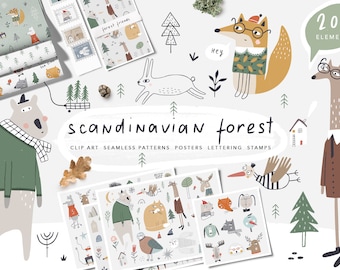 Scandinavian Kids clipart Nordic design Forest animals PNG VECTOR digital graphic Baby prints, wall art, digital paper Commercial Use