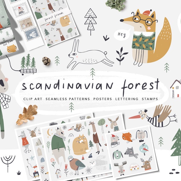 Scandinavian Kids clipart Nordic design Forest animals PNG VECTOR digital graphic Baby prints, wall art, digital paper Commercial Use