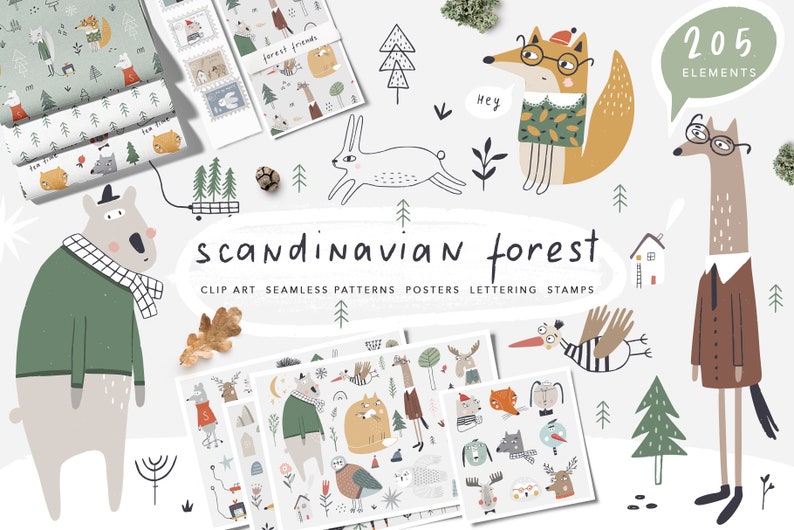 Scandinavian Kids clipart Nordic design Forest animals PNG VECTOR digital graphic Baby prints, wall art, digital paper Commercial Use image 1