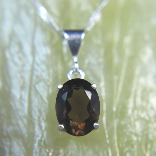 SMOKY QUARTZ .925 Sterling Silver Oval-Shaped Solitaire Necklace