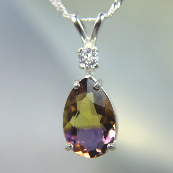 AMETRINE - Enchanting Golden & Royal Purple Ametrine .925 Sterling Silver Pear-Shaped Necklace Amethyst Citrine