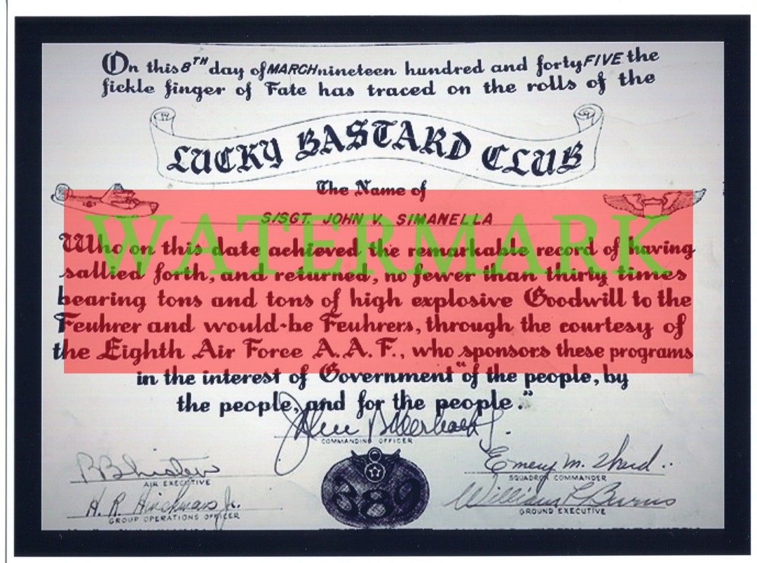 Lucky Bastard Club WW2 Aviation Certificate Given to Air Crewmen