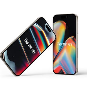以下が含まれることがあります： 黒い背景と虹色のホログラフィックデザインのスマートフォンが2台。両方の画面に「Find your fire」というテキストが表示されています。