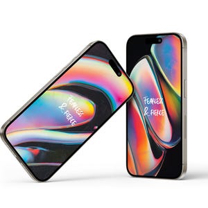 May include: Two silver smartphones with black screens displaying a colorful abstract design and the text "Fearless & Fierce".