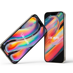 May include: Two silver smartphones with black screens and colourful abstract backgrounds. The text "Vibe Higher" is written on both screens.