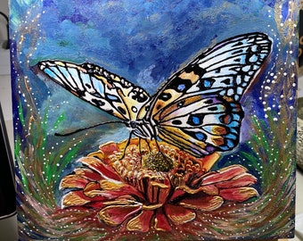Quadro farfalla dipinta a mano su tela di legno con tecnica acrilici e piombatura liquida ,unico
