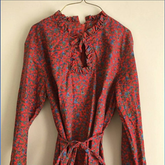 Vintage Red Floral Frock Dress Blue Flowers - image 3