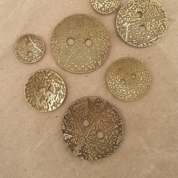 Handmade Brass Metal Buttons 2 Hole 4 Hole Etched Leaf Print holiday crafter gift