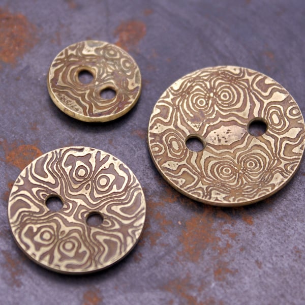 Etched Metal Buttons Mokume Gane Damascus Pattern Brass Copper Nickel Handmade