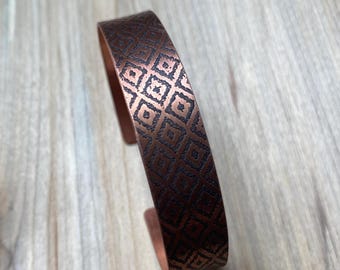Handmade Copper Cuff Style Bracelet : Rustic Unique Diamond Abstract Design