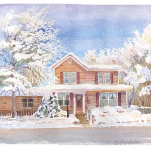 House portrait watercolor Custom house painting winter Christmas snowy landscape Picture to painting Our First home Moving gift for parents