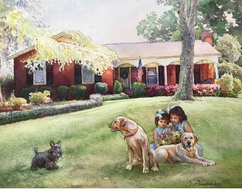 Commission Watercolor painting from photo Handpainted House painting with family pets, children Custom Landscape art Housewarming gift