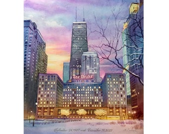 Wedding Venue painting of The Drake in Chicago Custom Watercolor Venue painting Personalized Wedding gift for Couple 1st Anniversary gift