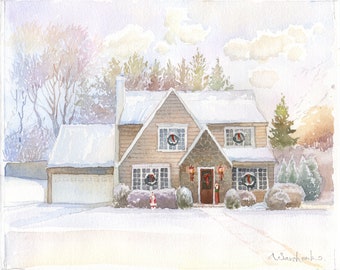 Christmas Snowy home Winter house watercolor painting Custom house portrait Hand painted watercolor of your home Our 1st home Christmas gift