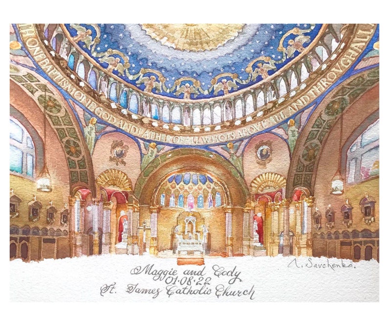 Church Interior painting Religion Christian painting St. James Catholic Church interior painting Custom Venue painting Wedding gift image 1