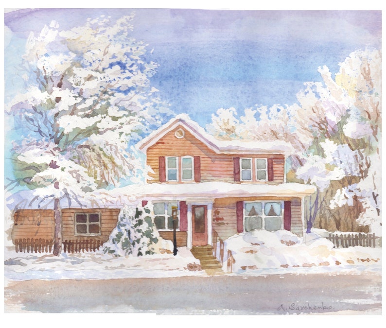 Custom house portrait Winter house watercolor Picture to Etsy