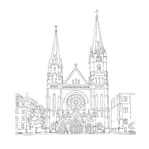 May include: A black and white line drawing of a church with two tall spires and a large stained glass window. The church is surrounded by buildings.