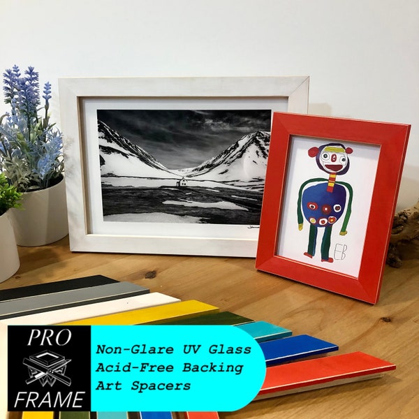 The Classic Pro Frame: Picture Frame With Non-Reflective UV Glass and Acid Free Backing, Custom Size Bright Colors Natural Wood Hand Painted