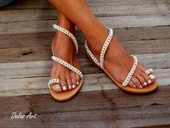 Crystal Pearls Elegant Bridal Sandals Leather Sandals Elf Beach Wedding Sandals Wedding Shoes Luxury Sandals Greek Sandal