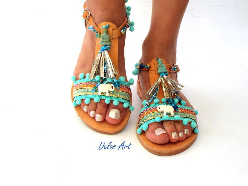 boho Sandals Blue leather Sandals \\Gaia\\ Ancient Greek Sandals Pom Pom sandals Sandals hippie leather shoes barefoot Summer shoes