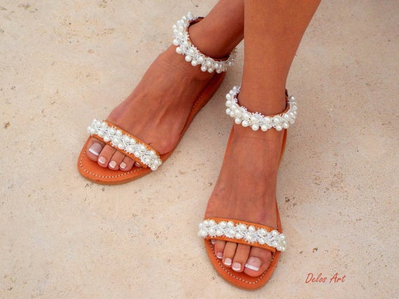 Bridal Sandals Leather Sandals White Beach Wedding Sandals Shining Bride Pearl Sandals Greek Sandal Summer Shoes
